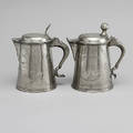 KANNOR, 2 st, tenn, 1800-tal otydliga stämplar.