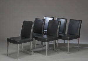 Seks spisestole, sort læder og aluminium 6