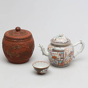 PARTI porslin, 3 st, Kopp, 1700-tal, kanna samt lockburk, Kina, 1900-tal.