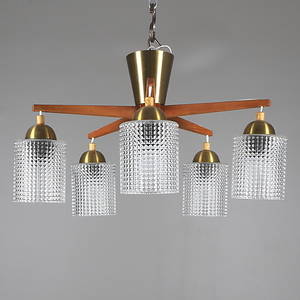TAKLAMPA, 5 ljuspunkter, trä, metall samt glas, 196070-tal.