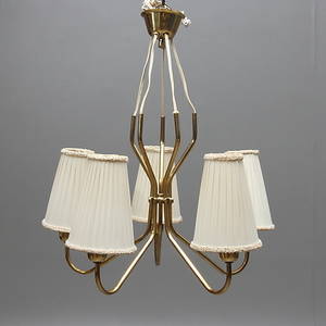 TAKLAMPA, mässing, 5 ljuspunkter, omkring 1900-talets mitt.