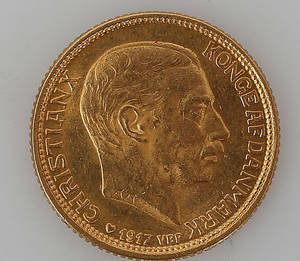 MYNT, guld, 10 kroner, Christian X, Danmark, 1917, 4,4 gram.