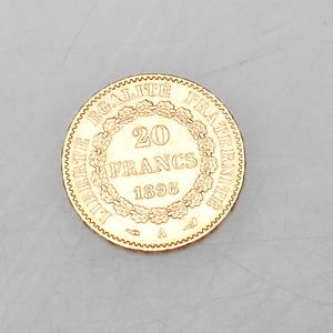 MYNT, 20 franc, 21,6 k, guld, vikt ca. 6,4 gram.
