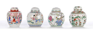 4 ASIATISCHE TEEDOSEN. Polychrome Dekore.