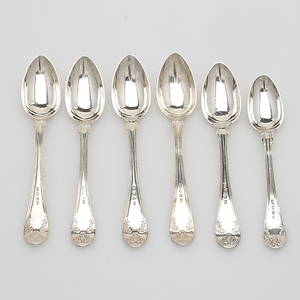 WILHELM AHNSTRÖM VÄXJÖ. Skedar, 6 st, silver, 1800-talets andra hälft, vikt 116 gram.