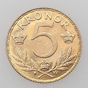 MYNT, 5 kronor, guld 21,6K, Gustav V, Sverige, 1920, 2,24 gram.