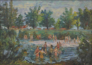 JAN SPACIL. GEBOREN 1892 PRAG. Sommerliche Flusslandschaft mit Badenden.