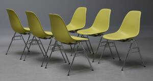 Charles Eames. Sæt på seks skalstole, model DSS , Lime 6