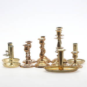 LJUSSTAKAR, 4 par samt 3 st udda, mässingmalm, 1900-tal.