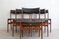 SET OF 6 CHAIRS IN TEAK, SEAT AND BACK IN BLACK LEATHER, 1900S.