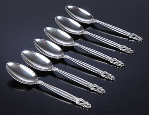 Georg Jensen. Konge  Acorn, seks middagsskeer af sterlingsølv 6