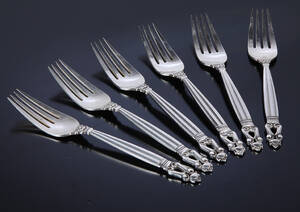 Georg Jensen. Konge  Acorn, seks middagsgafler af sterlingsølv 6