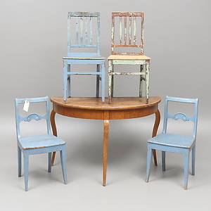 STOLAR, 2 par samt HALVMÅNEBORD, en halva, nyrokoko, Karl Johan.