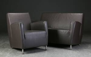 To-pers. sofa samt lænestol, brunt læder 2