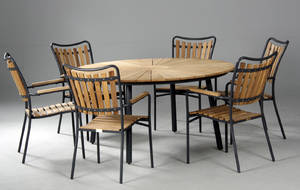 Daneline Havemøbler. Rundt havebord samt seks armstole, teak 7