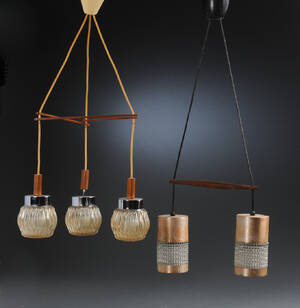 Par loftlamper af teak, kobber og krom. 2