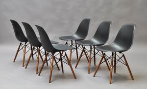 Charles Eames 1907 - 1978. Sæt på seks skalstole, model DSW 6