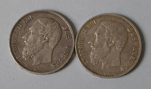 Leopold II, Belgien, 5 Francs, silvermynt, 1870 resp 1871, 2 st