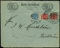 AFA 23,25 1875. Tofarvet, 4 Øre, gråblå og 8 Øre, grårød 2. Dekorativt brev sendt fra Vinhandel i FREDERICIA 7.3.95 til Buchbrunn, Tyskland. Ankomststemplet BUCHBRUNN 9.MAR.95.