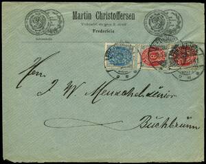 AFA 23,25 1875. Tofarvet, 4 Øre, gråblå og 8 Øre, grårød 2. Dekorativt brev sendt fra Vinhandel i FREDERICIA 7.3.95 til Buchbrunn, Tyskland. Ankomststemplet BUCHBRUNN 9.MAR.95.