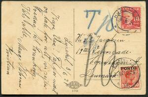 AFA 4 1921. Portomærke, 10 Øre rød på underfrankeret brevkort fra HJALMEDAL 9.6.1921 til København.
