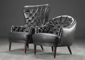 To lænestole, sort dybhæftet skind, 1960-1970 2