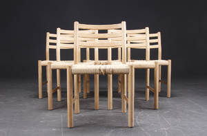 Dansk møbelproducent. Seks stole, eg og flet 6