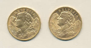 Schweiz 20 FR 1914 og 1927 guldmønter 2