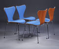 Arne Jacobsen. Sæt på fire stole, Syveren, kirsebærtræ forsidepolstret med uld 4