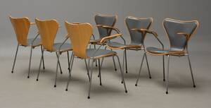 Arne Jacobsen. Sæt på seks forsidepolstret armstole, model 3207 6