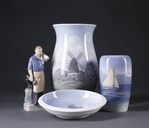 Samling porcelæn, bestående af figur, vaser, skål, Kgl.P. og BG 4