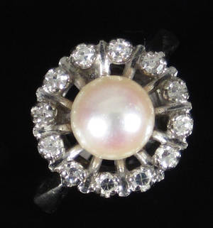 Vintage perle- og diamantring