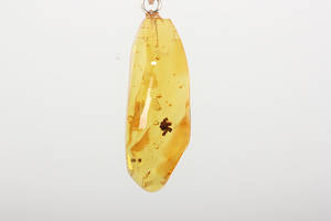 Vedhæng af slebet rav med sjælden egetopblomst.