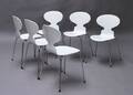 Arne Jacobsen. Sæt på seks stole, Myren, model 3101, nylakerede 6 