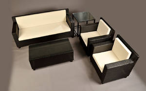 Havemøbler. Loungemøblement, sort polyrattan hvide hynder 5