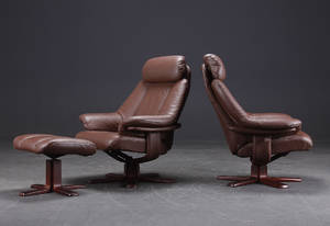 Ubekendt møbelproducent. Par lænestole, brunt læder. 3