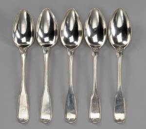 Sæt på fem gammel riflede, empire skeer af sølv 5