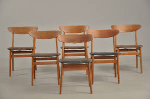 Dansk møbelproducent 6 stole af teak  bøg, sæder med kunstlæder 6