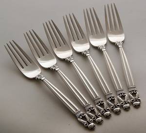 Johan Rohde for Georg Jensen. KongeAcorn. 6 middagsgafler af sterlingsølv 6