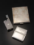Cigaretetui, tændstikholder samt lighter. Sølv. 3