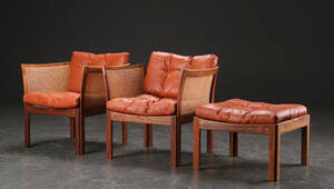 Illum Wikkelsø. Par lænestole samt skammel, paliander og læder, model Plexus 3