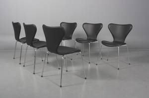 Arne Jacobsen 1902-1971 Sæt på seks sorte læder, model 3107 stole 7eren 6