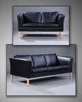 Ubekendt møbelproducent. Tre-pers. samt to-pers. sofa, fritstående, sort læder, 2
