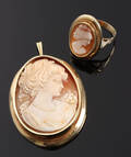 Camévedhæng  broche og ring, 14 kt guld 2