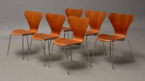 Arne Jacobsen. Sæt på seks Syveren vintage stole i teak, model 3107 6 