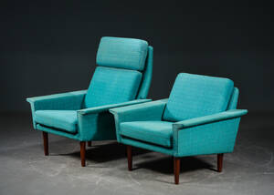 To lænestole, høj og lavrygget med uld teak 2