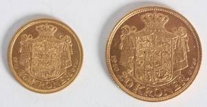 Danmark. To guldmønter, 10 kroner 1913 og 20 kroner 1910. 2