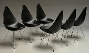Arne Jacobsen. Sæt på seks stole, model 3110, Dråben 6