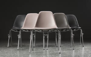 Charles Eames. Sæt på seks skalstole, model DSS 6 