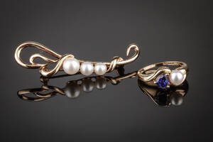 Ring og broche af guld 14 kt. 2